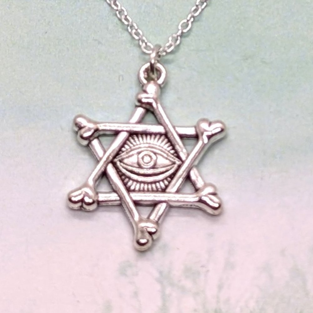 Silver Hexagram of Bones with Third Eye Necklace